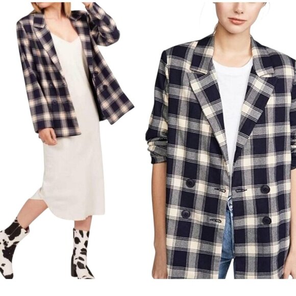 Rollas Horizon Check Flannel Blazer Navy Plaid Double-Breasted Womens 8 Flawless - Picture 7 of 9